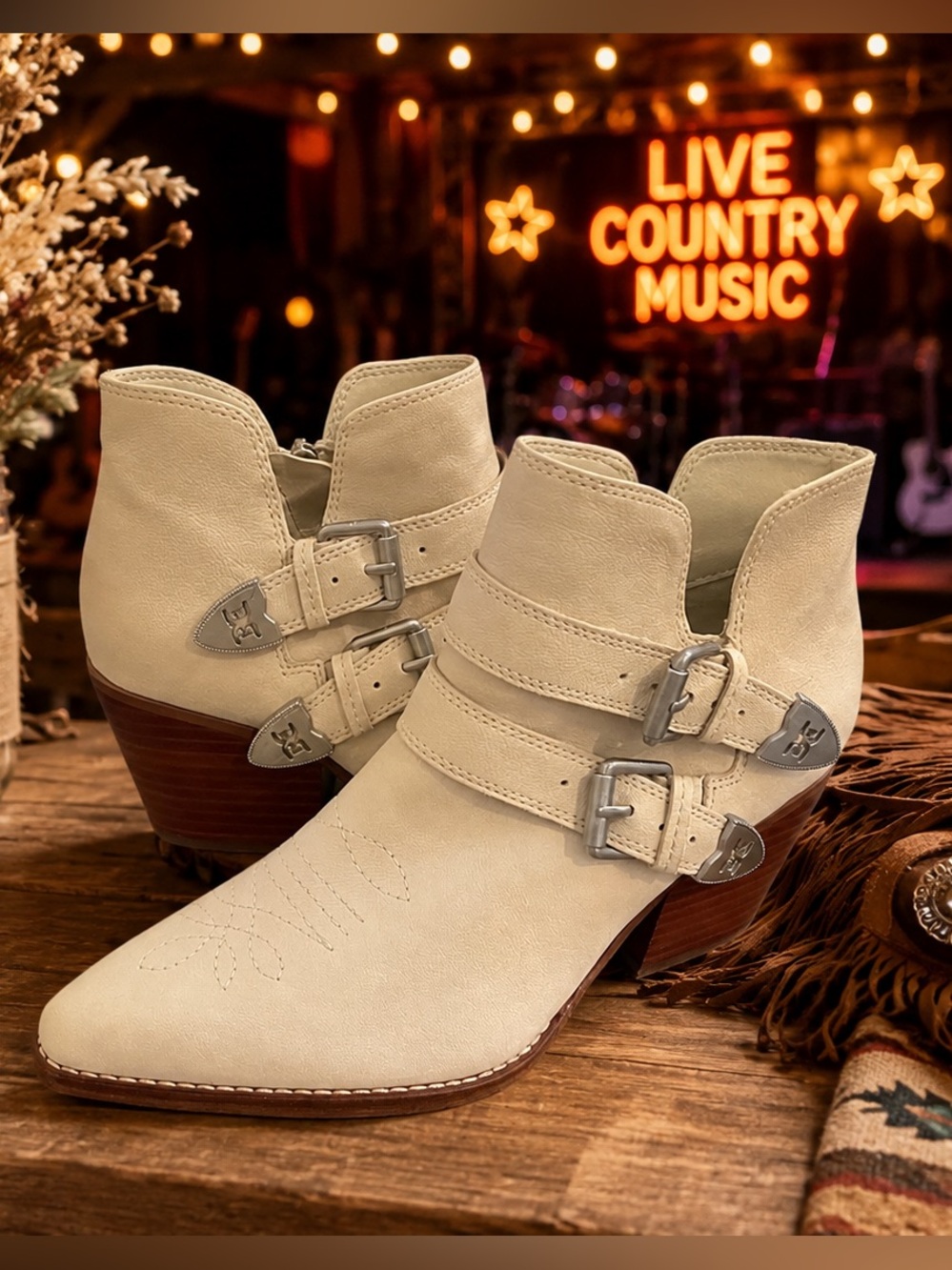 Sam Edelman Windsor Ecru Beige Suede  Leather Western Buckle Booties 8 NWOB